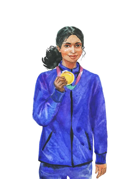 Akvarel Kvinde Atlet Vinder Koncept Håndtegnet Portræt Ung Indisk Dame - Stock-foto