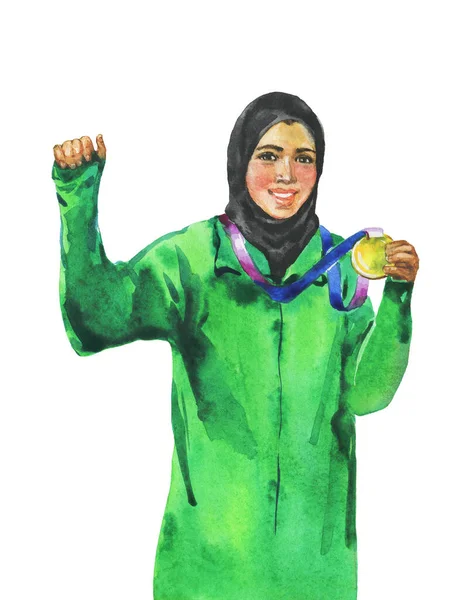 水の色の女性選手 勝者の概念 金メダルを持つ緑のスポーツスーツの若いアラビア人女性の手描きの肖像画 白地に写実的なイラストを描く — ストック写真