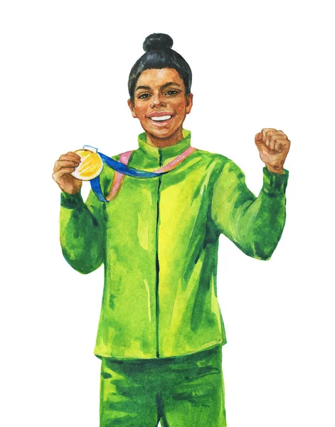 우승자 운동복을 금메달을 히스패닉 여성의 초상화 배경에 현실적 삽화를 그리는 — 스톡 사진