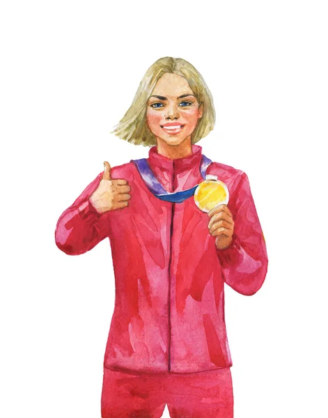 우승자 분홍색 스포츠 슈트를 여성의 초상화가 금메달을 배경에 현실적 삽화를 — 스톡 사진