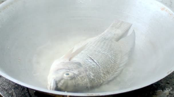 Fritando peixe na panela para a refeição — Vídeo de Stock