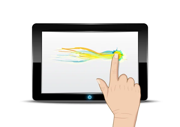 Tablet ordenador con arrastre de mano en la pantalla — Vector de stock