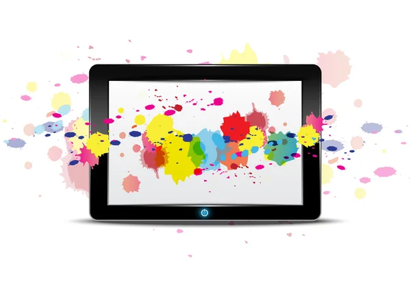 Tablet ordenador con salpicaduras de color en la pantalla — Vector de stock