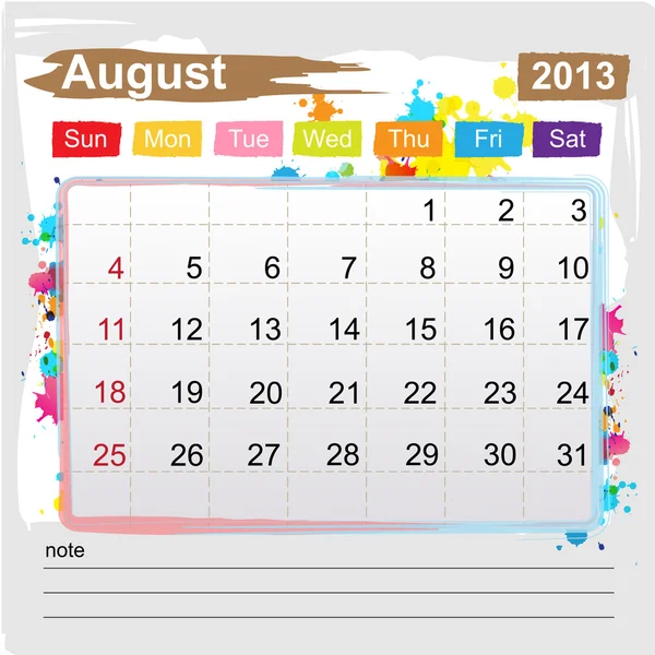 Calendario agosto 2013 — Vettoriale Stock