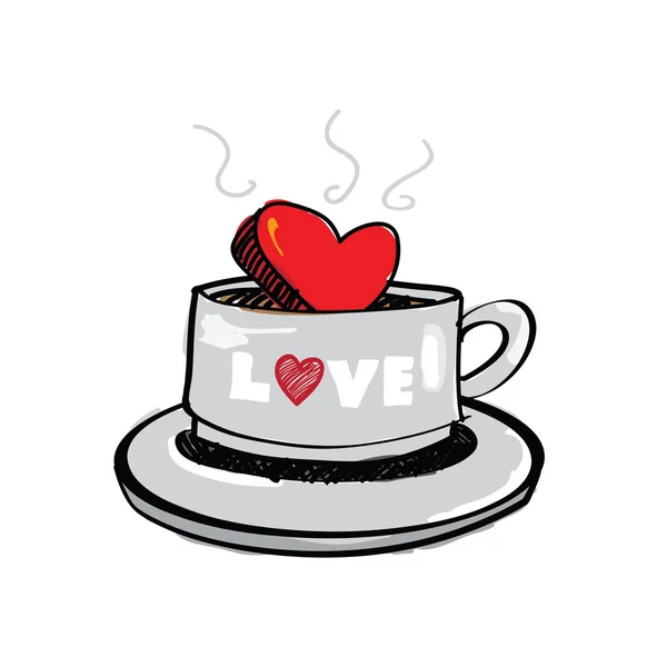 Σκίτσο σχεδίασης καρδιά σε φλιτζάνι καφέ — Διανυσματικό Αρχείο