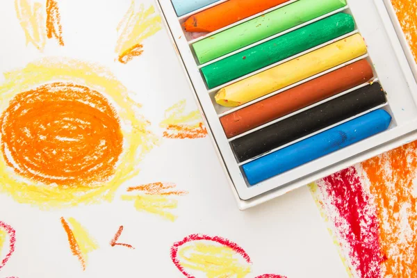 Crayon box on art background — Stock Photo, Image