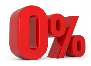 0% 3d görüntü. Kırmızı yüzde sıfır beyaz arka planda özel teklif