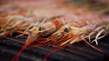 Büyük karidesler ızgara olur. Deniz ürünleri. B-B-Q. Evde dinlen..