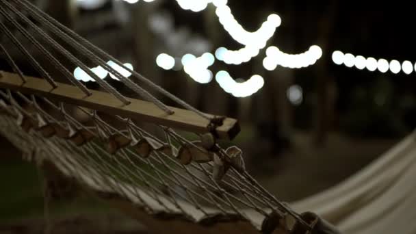 Hamac Atmosfera Confortabilă Noapte Lumini Bokeh Fundal Camping Aer Liber — Videoclip de stoc