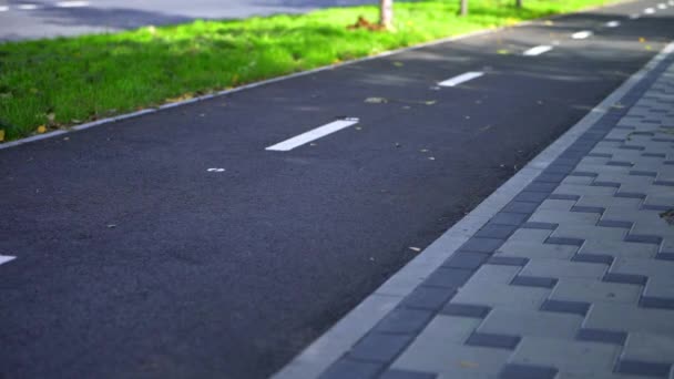 Een Vrouw Een Groene Elektrische Scooter Fietst Een Fietspad Een — Stockvideo