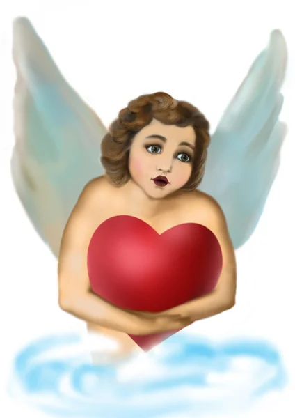 Angel holding a red heart in hands — Stock Photo, Image