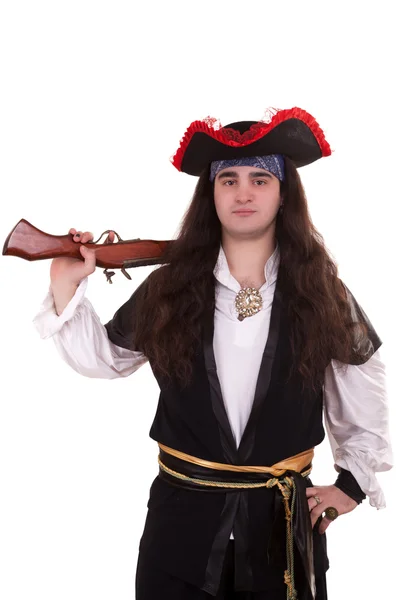 Pirate dangereux avec un pistolet sur fond blanc — Photo