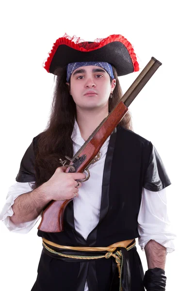 Pirate with a retro gun in hand on white — Stock Photo, Image