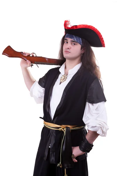 Pirata con un arma en el hombro aislado sobre fondo blanco — Foto de Stock