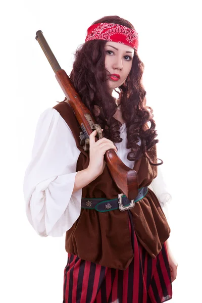 Pirate gilr with gun on white background — Stock Photo, Image