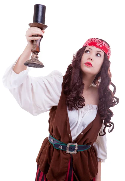 Chica pirata con una vela en la mano — Foto de Stock