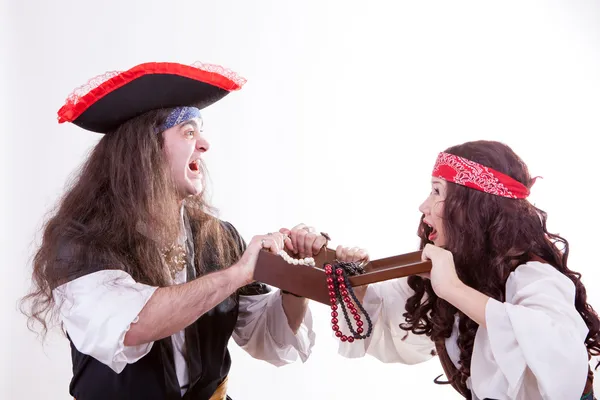 Two pirates fighting for box of tresure — Stock Photo, Image