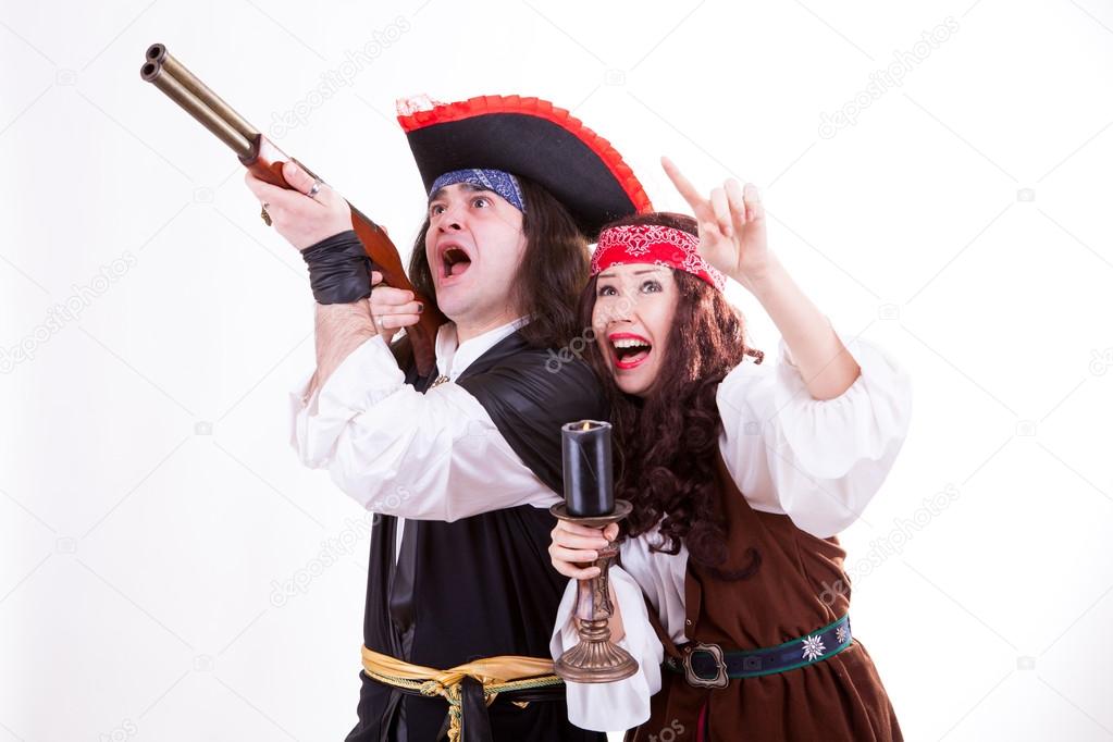 Two scared pirates on white background