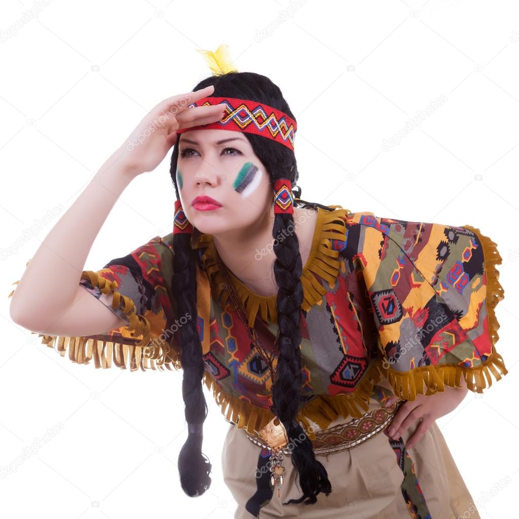 Native american girl on white background