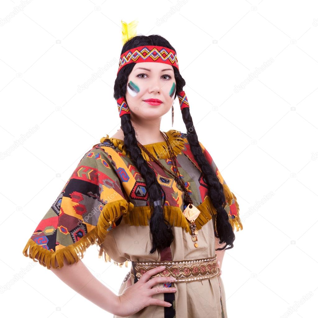 Beautiful native american woman on white background