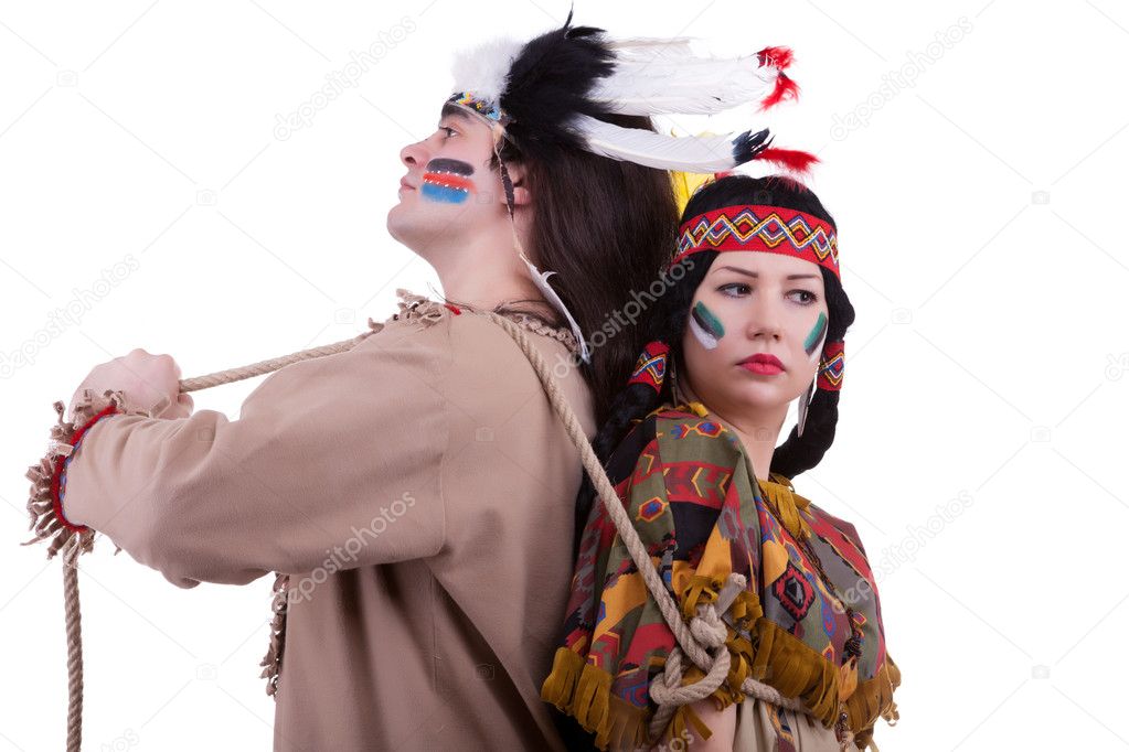 Native american men with rope on girl