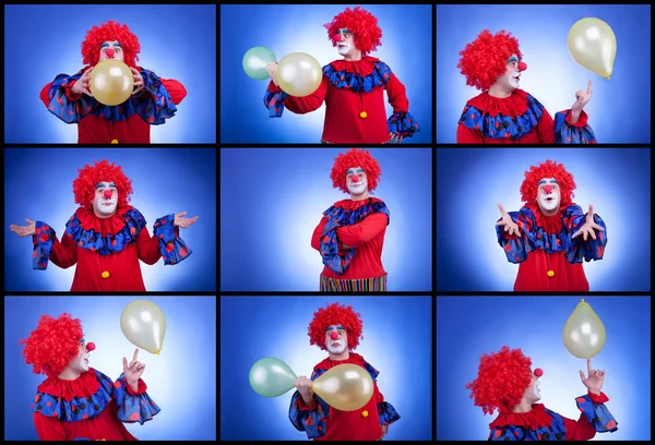 Clowner på blå bakgrund med en ballon — Stockfoto