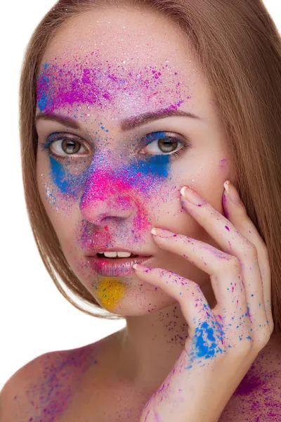 Menina bonita com moda compõem em cores — Fotografia de Stock