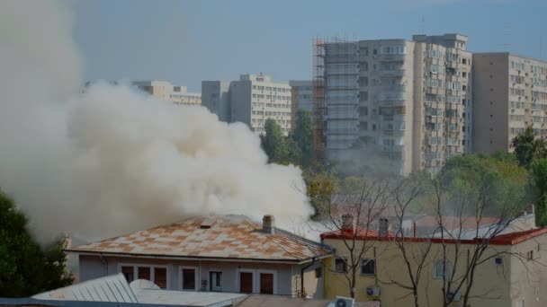소방관들 이불타는 집에서 불을 끄기 위해 물을 사용하는 모습 — 비디오