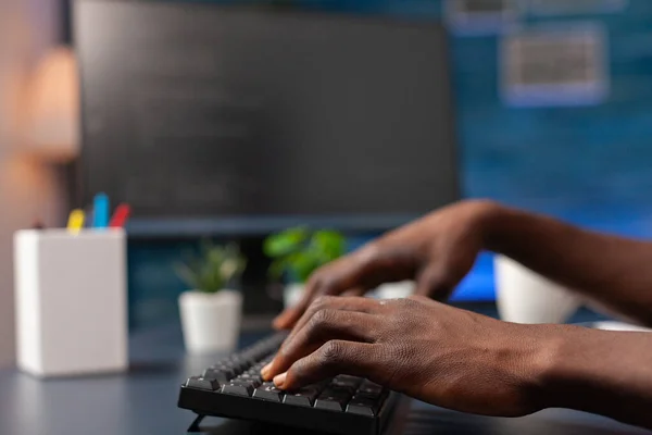 Closeup of african american employee hand programming binary code — Stock Photo, Image