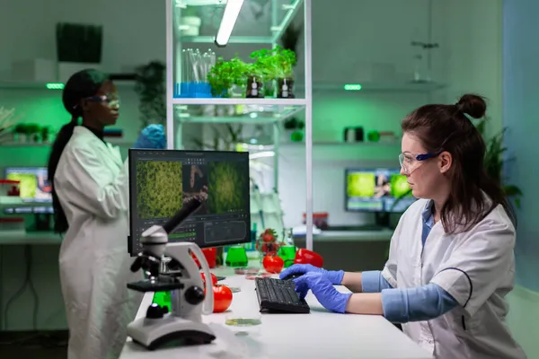 Biologist researcher woman analyzing genetically modified plants on computer — Stock Photo, Image