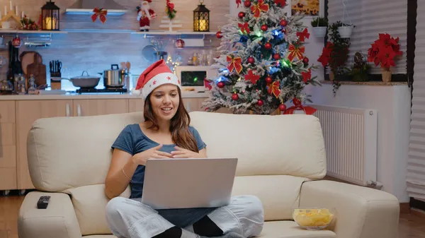 Woman using video call communication on laptop — Stock Photo, Image