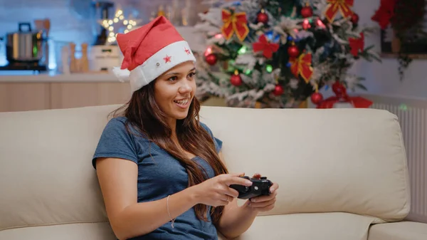 Close up of woman winning video games on TV console — Stock Photo, Image