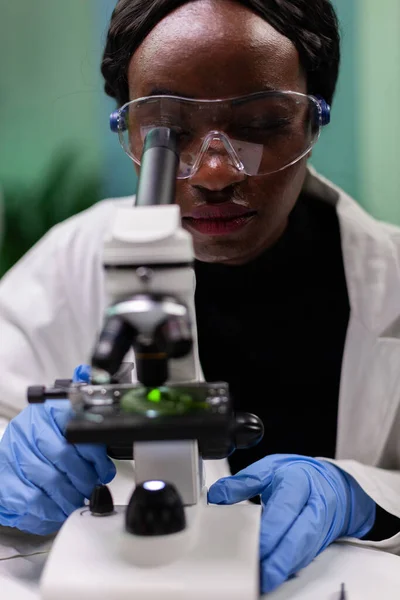 Zbliżenie afrykański amerykański botanik naukowiec lekarz analizując zielony liść — Zdjęcie stockowe