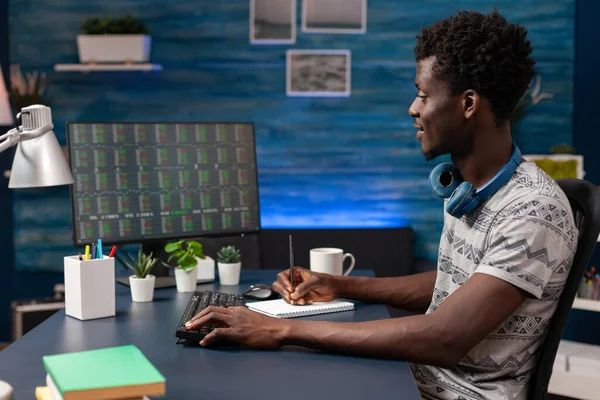 Afrika kökenli Amerikalı iş adamı bilgisayarda borsa grafiğini analiz ediyor. — Stok fotoğraf