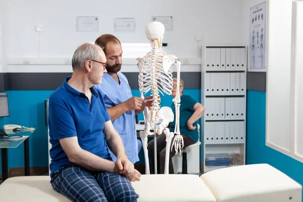 Ортопед объясняет спинной мозг на человеческом скелете — стоковое фото