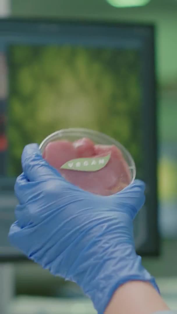 Vertical video: Closeup of scientist woman holding in hands petri dish with vegan beef meat — Stock Video