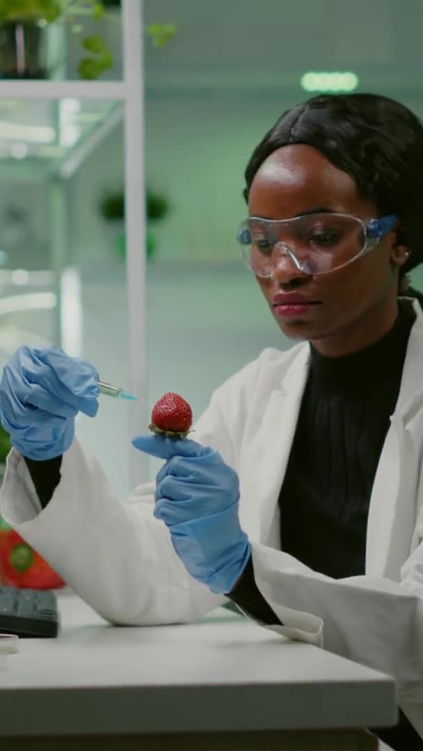 Κάθετη βίντεο: Χημικός επιστήμονας έγχυση φράουλα με οργανικό υγρό εξέταση τεστ DNA — Αρχείο Βίντεο
