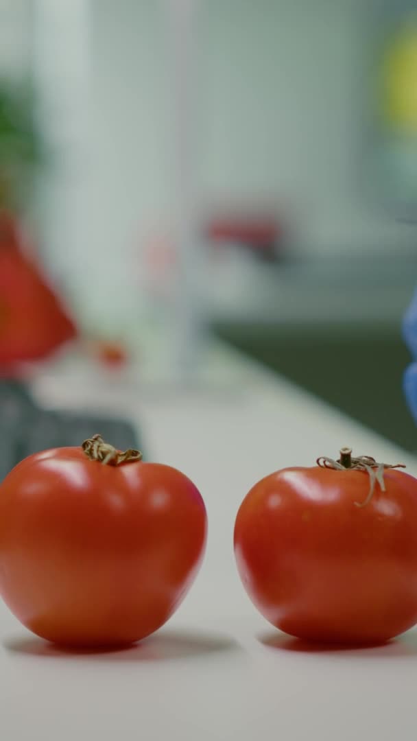 Vídeo vertical: Closeup do cientista injetando tomate com líquido genético usando seringa médica — Vídeo de Stock