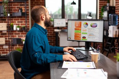 İşadamı masa başında oturmuş bilgisayar klavyesinde pazarlama stratejisi yazıyor.