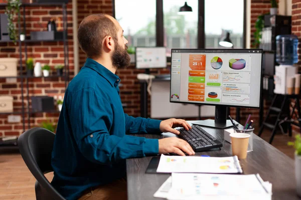 İşadamı masa başında oturmuş bilgisayar klavyesinde pazarlama stratejisi yazıyor.