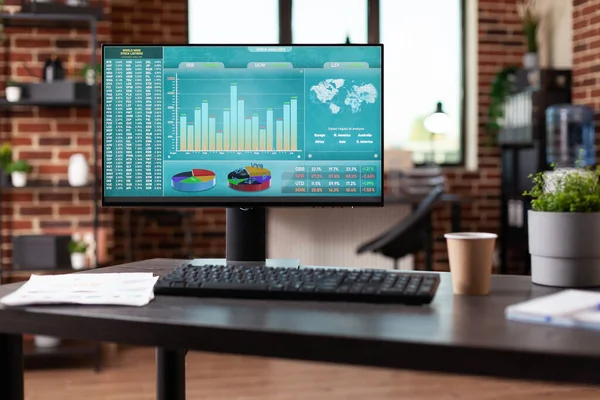 Monitor with stock market analytics in empty business space — Stock Photo, Image