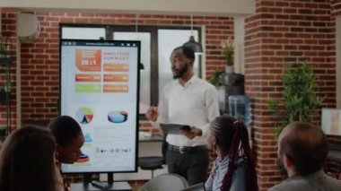 Finans sunumu için monitör kullanan bir iş adamı