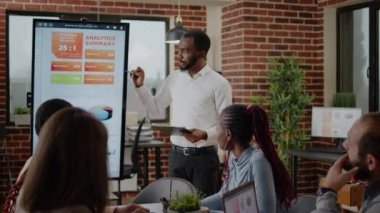 Şirket çalışanı sunum yapmak için veri analizini monitörde kullanıyor