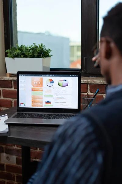 Dizüstü bilgisayar ekranında iş anahtar performans göstergelerini analiz eden yeni başlayan çalışanın omuz görünümünün üzerinde — Stok fotoğraf