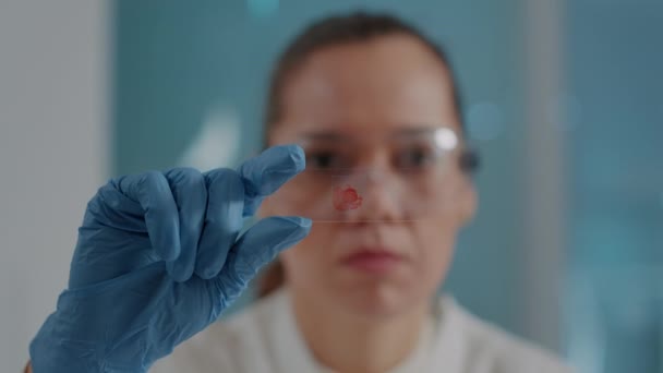 研究室のガラス製品トレイで血液サンプルを分析する女性 — ストック動画