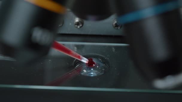 Микропипетка сбрасывает образец крови на поднос микроскопа — стоковое видео