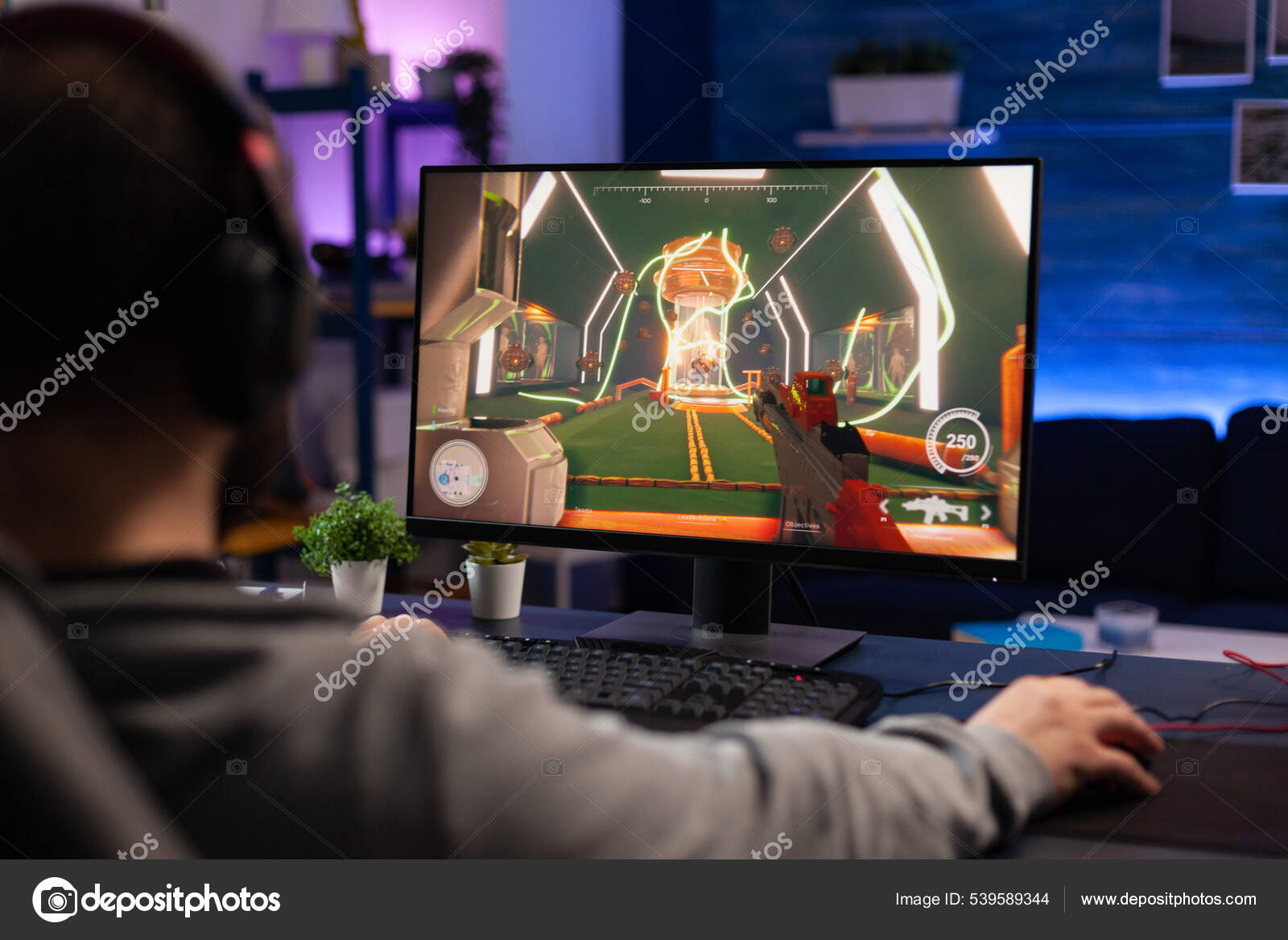 Man gamer teaching his girlfriend playing space shooter video game on RGB  powerful personal computer. Pro cyber woman with headset performing video  games streaming from home during online tournament Stock Photo 