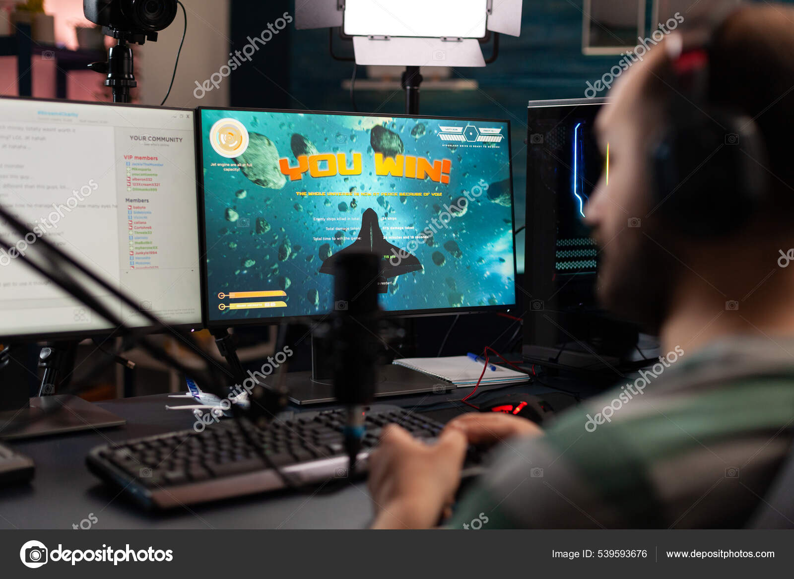 Free Photo  Player winning video games with controller and headset in  front of monitor. man using joystick and headphones, playing online games  on computer. person celebrating game win for leisure.