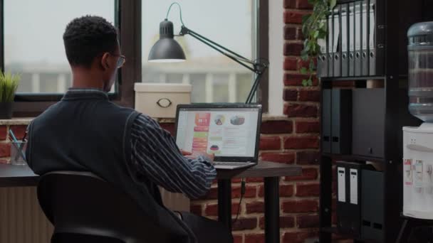 Un employé afro-américain travaillant sur un ordinateur portable pour planifier une stratégie commerciale — Video