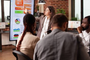 Monitörün yanında duran iş kadını şirket grafiğini gösteriyor